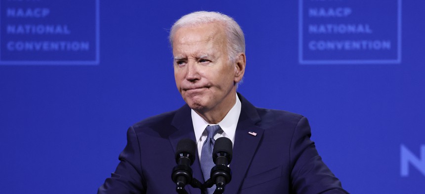 President Joe Biden speaks at the NAACP National Convention at the Mandalay Bay Convention Center on July 16, 2024 in Las Vegas. 