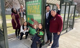 Socialist state legislators pose by a sign promoting the “Build Public Renewables Act.” From left: Assembly Member Phara Souffrant Forrest, state Sen. Jabari Brisport, Assembly Member Sarahana Shrestha, state Sen. Julia Salazar, Assembly Members Zohran Mamdani and Marcela Mitaynes.