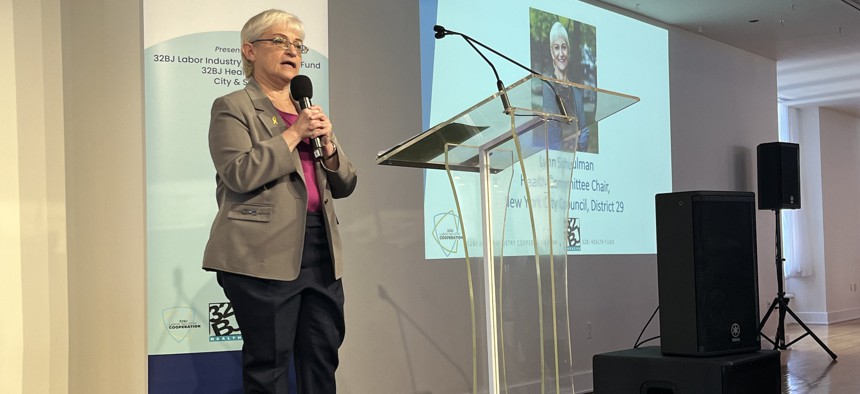 Lynn C. Schulman, chair of the New York City Council Health Committee, speaks to attendees at The Price of Power: Confronting the Hospital Affordability Crisis conference.