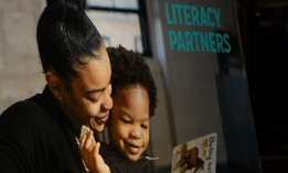 A poster displayed at the 2023 Champion of Literacy Award at the Literacy Partners Gala at Cipriani South Street in Lower Manhattan taken on May 1, 2023.