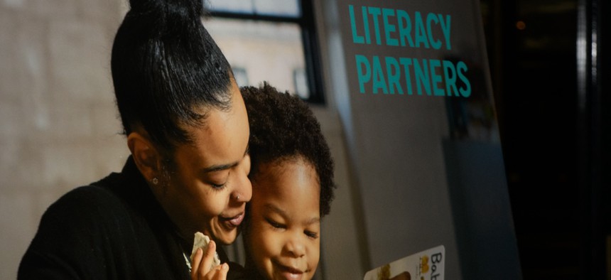 A poster displayed at the 2023 Champion of Literacy Award at the Literacy Partners Gala at Cipriani South Street in Lower Manhattan taken on May 1, 2023.