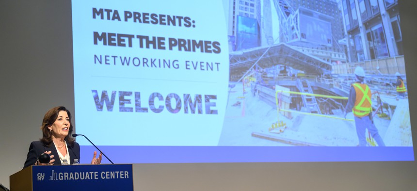 Gov. Kathy Hochul delivers remarks at the Metropolitan Transportation Authority’s “Meet the Primes” minority and women-owned business enterprises event on Monday.