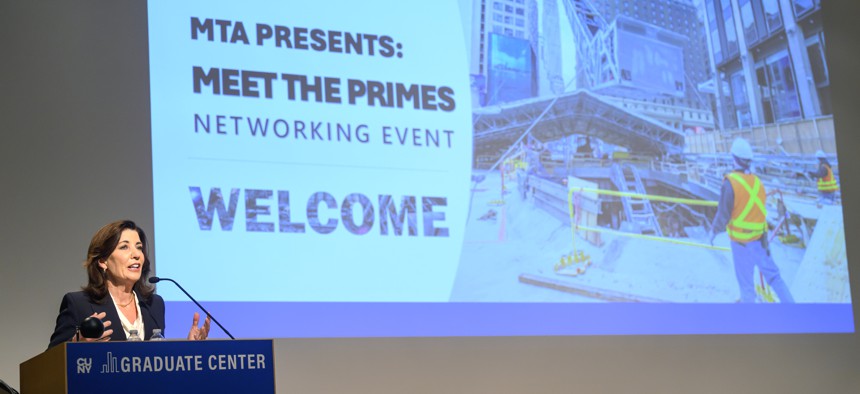 Gov. Kathy Hochul delivers remarks at the Metropolitan Transportation Authority’s “Meet the Primes” minority and women-owned business enterprises event on Monday. 