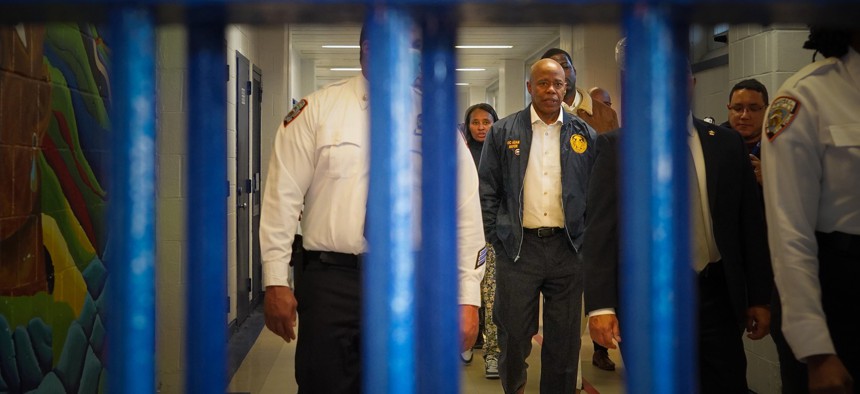 New York City Mayor Eric Adams visits Rikers Island during the Thanksgiving holiday in 2022 to meet with staff and detainees. 