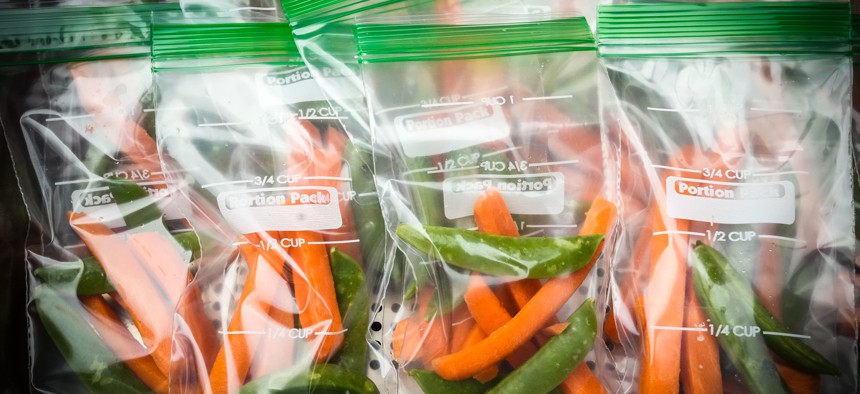 Fresh carrots and celery on display during an healthy food announcement made by New York City Mayor Eric Adams at P.S. 75 on June 6, 2023.