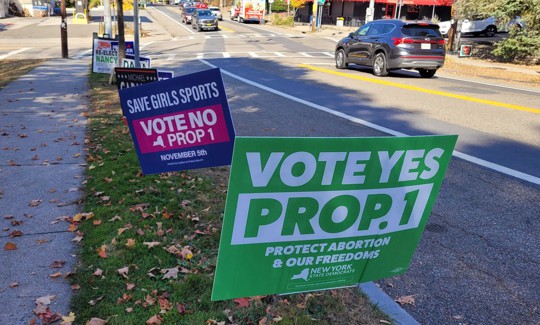 Signs opposing and supporting Prop 1 are seen on a street in Cold Spring.