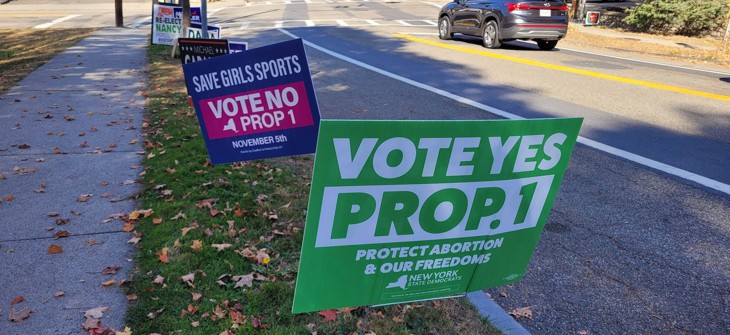 Signs opposing and supporting Prop 1 are seen on a street in Cold Spring.