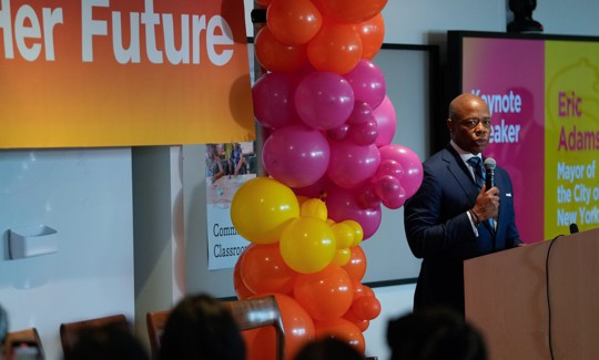 New York City Mayor Eric Adams delivers emarks at the launch of “NYC Her Future” as part of “Women Forward NYC,” a 2024 State of the City initiative, at Pier 57 on April 29, 2024.