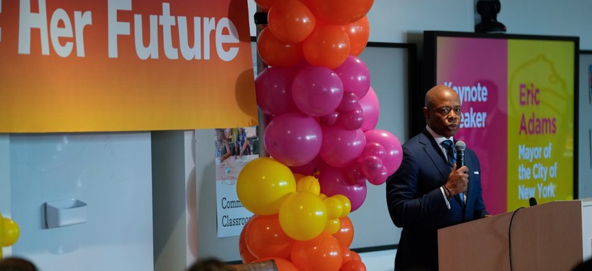 New York City Mayor Eric Adams delivers emarks at the launch of “NYC Her Future” as part of “Women Forward NYC,” a 2024 State of the City initiative, at Pier 57 on April 29, 2024.